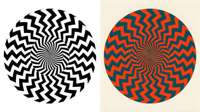 Two optical illusion circles with swirling zigzag patterns, black and white, and red and teal