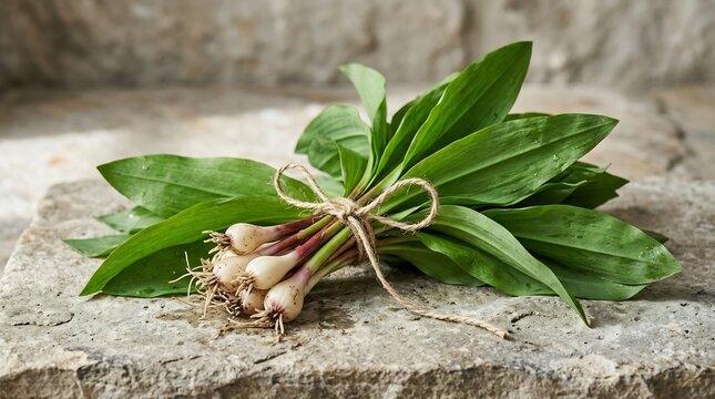 Fresh Wild Leek Bundle Tied with Twine on Stone Surface