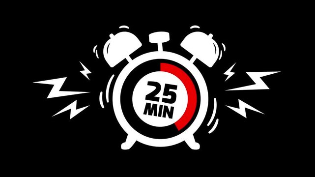 25 min clock icon animation on black background. Timer 25 minutes countdown with alarm clock animation. alarm Clock with 25 minute and circular arrows timer animation. 25 minute timer animation.
