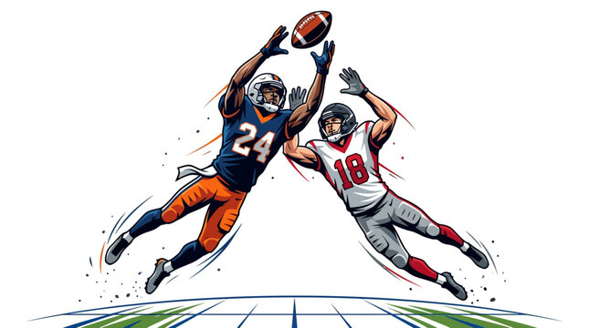 Dynamic vector illustration of two professional American football players jumping high in the air to catch a football during a competitive game on white background with field lines.
