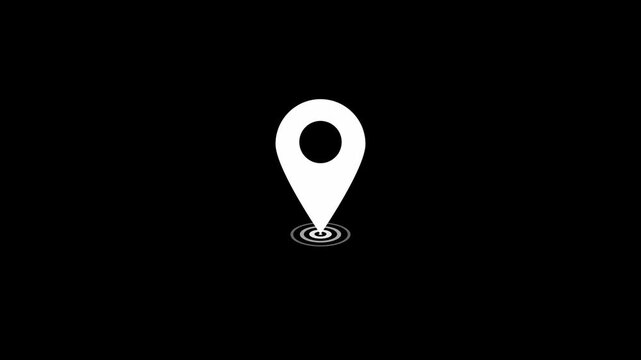 White map pin location marker icon animation with pulsing radar ripple effect on black background