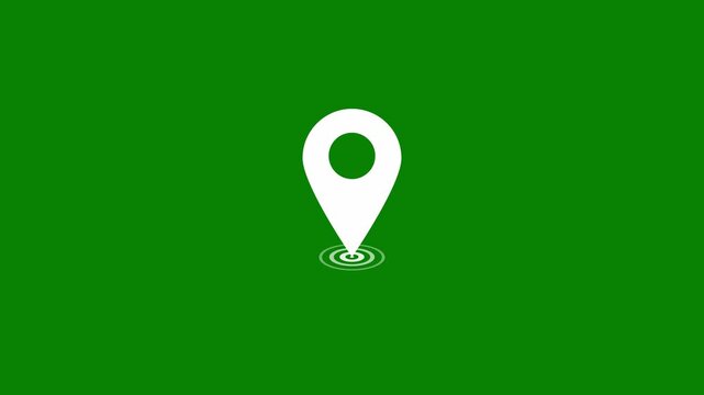 White map pin location marker icon animation with pulsing radar ripple effect on green background
