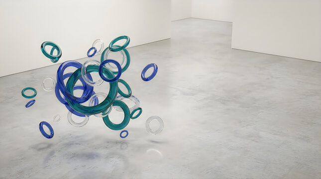 Abstract 3d sculpture of floating blue and teal glass rings in a minimalist gallery space