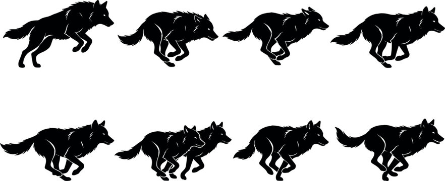 Black wolf silhouette running animation sprites sheet set isolated on white background for wildlife graphic design and game development assets.