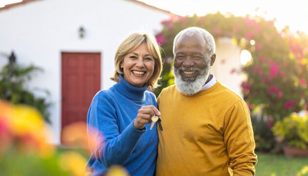 Happy senior multiracial couple holding keys to their new house