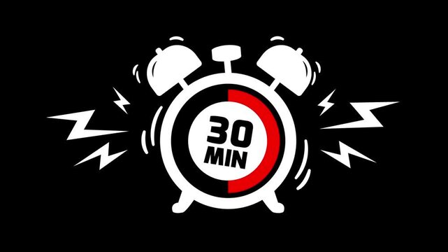 30 min clock icon animation on black background. Timer 30 minutes countdown with alarm clock animation. alarm Clock with 30 minute and circular arrows timer animation. 30 minute timer animation.