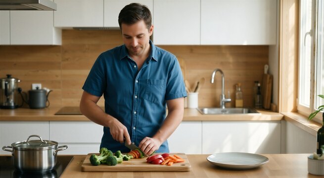 Man cooking at home in a modern kitchen, preparing fresh vegetables on a wooden board with natural light.