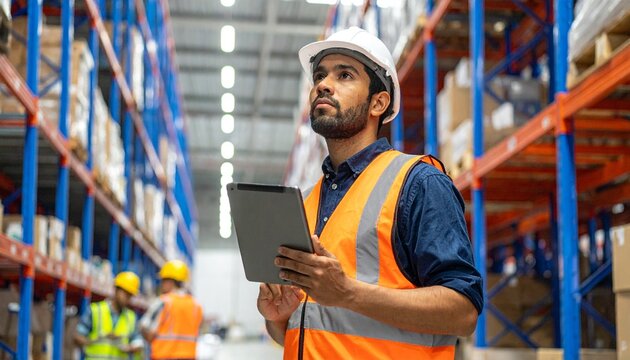 Warehouse Manager with Tablet Checking Inventory in Distribution Center