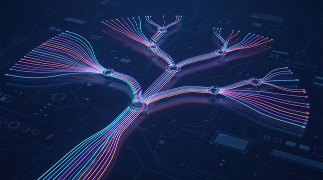 Abstract digital data tree visualization with glowing neon circuit pathways branching out into complex network structures representing information flow in modern computing systems