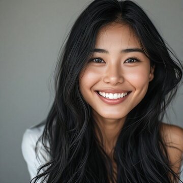 Happy Asian female model looking at the camera with a joyful expression, showcasing clear glowing skin and dimples