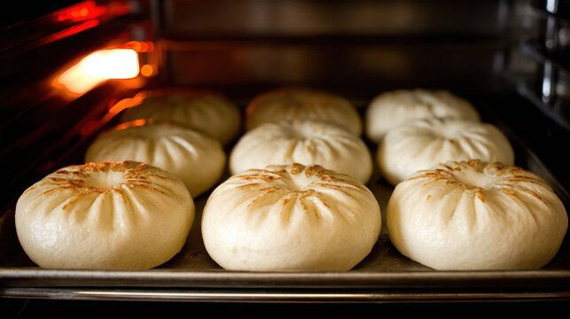Soft, white steamed bao buns look plump and inviting, ready to be served