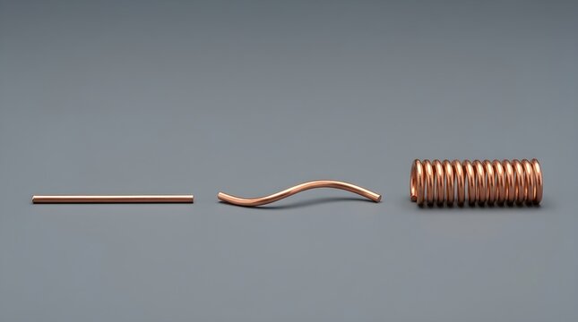 Physical Change and Elasticity Demonstration with Copper Wire Transitioning from Straight to Curved and Coiled Spring on Neutral Background