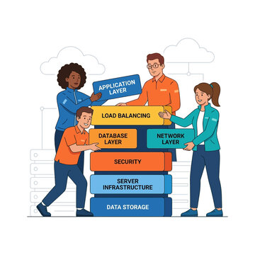 Diverse Team Collaborates on Cloud Architecture Layers: Application, Load Balancing, Database, Network, Security, Server, Data Storage