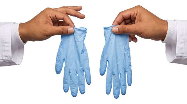 Pair of blue nitrile gloves held by fingertips hanging loosely from two separate hands as PNG isolated on transparent background