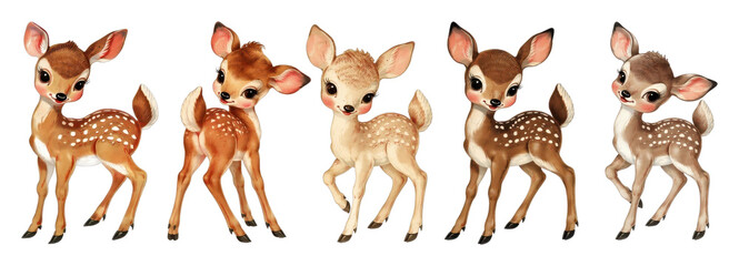 Obraz premium PNG Watercolor illustration of five adorable spotted fawn deer
