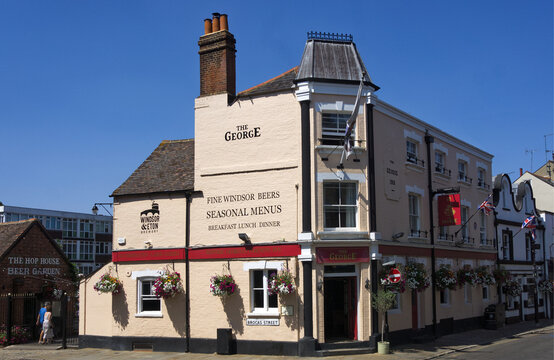 Eton, England - 29th July 2026: The George public house on the corner of Brocas Street, and High Street, Eton, Berkshire