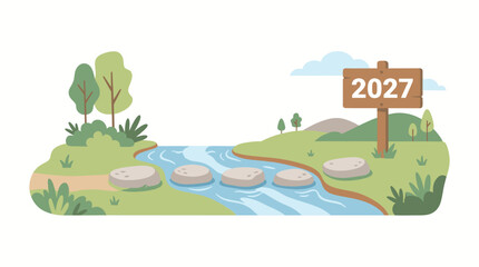 Obraz premium A serene 2027 landscape illustration depicting a tranquil river flowing through a lush green environment with stepping stones and a directional sign marking the year