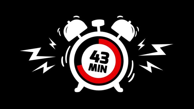 43 min clock icon animation on black background. Timer 43 minutes countdown with alarm clock animation. alarm Clock with 43 minute and circular arrows timer animation. 43 minute timer animation.