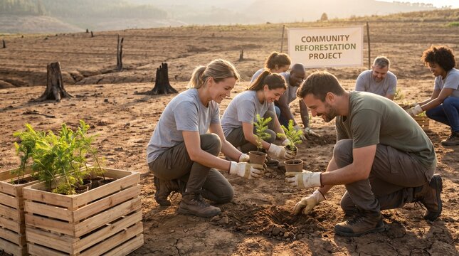 Diverse group of volunteers participating in a community reforestation project planting young trees to restore a deforested landscape