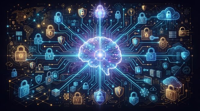 Artificial intelligence brain connected to cybersecurity locks and digital data network.