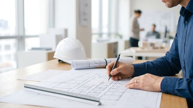 Focused architect working on blueprints in a modern office with a hard hat nearby while using a pencil to mark adjustments on a detailed residential floor plan on a wooden desk surface