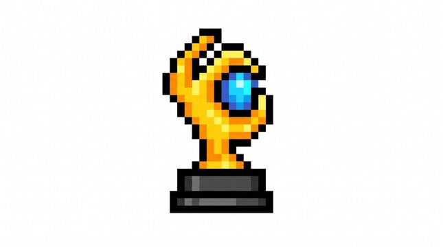 8-bit pixel art of a golden trophy shaped like a raptor claw gripping a glowing blue crystal isolated on white.