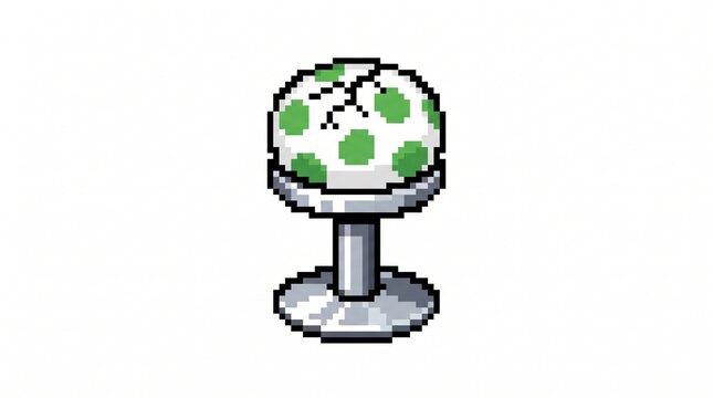 8-bit pixel art of a round arcade stool designed like a spotted dinosaur egg on a chrome base isolated on white.