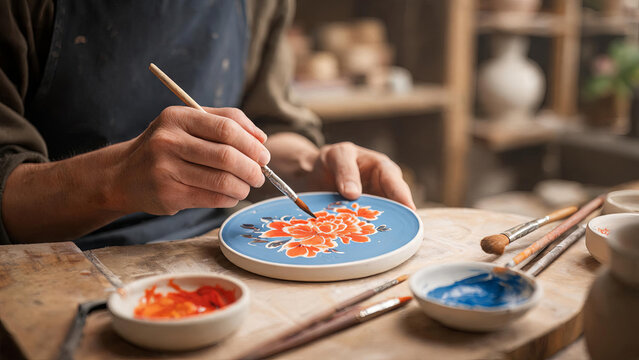 An artisan paints a vibrant floral design on a blue ceramic plate using a fine brush in a pottery workshop. Painting supplies rest on the wooden worktable.
