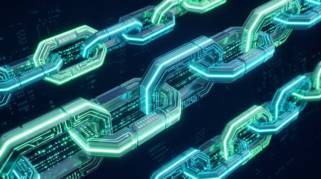 Digital blockchain network with glowing neon circuits and binary code
