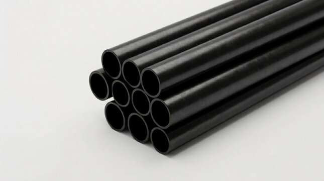 Stack of black steel pipes and industrial round metal tubes on white background