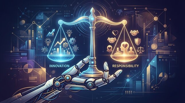 Artificial intelligence hand holding a scale balancing technological innovation and corporate responsibility.