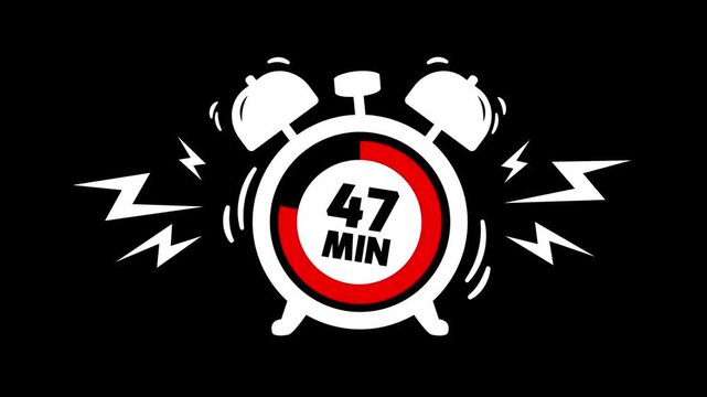 47 min clock icon animation on black background. Timer 47 minutes countdown with alarm clock animation. alarm Clock with 47 minute and circular arrows timer animation. 47 minute timer animation.