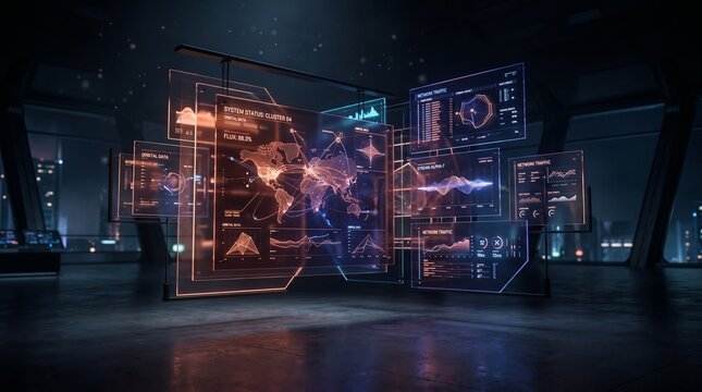 Futuristic holographic interface displaying global network data and system status