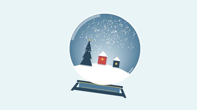 Minimalist Animated Snow Globe Featuring a Winter Landscape with Pine Tree and Tiny Houses Under Falling Snow, Perfect for Holiday Season Greetings and Festive Digital Decorations