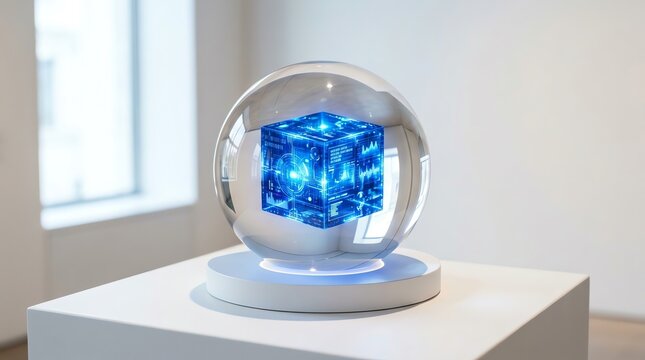 Glowing blue cube suspended inside a crystal sphere displayed on a modern gallery pedestal
