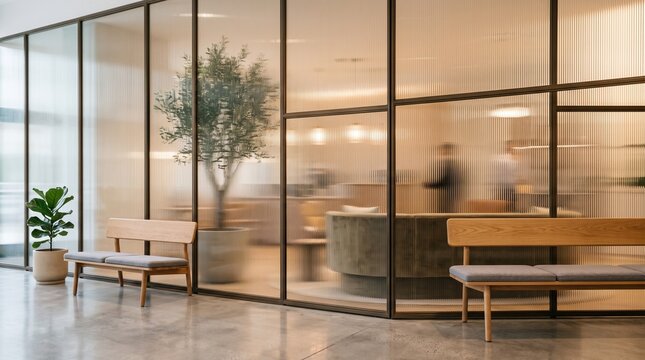 Modern Office Waiting Area with Frosted Glass Dividers and Natural Light