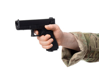 Obraz premium Military defense and combat training, soldier hand holding a black semi-automatic pistol for tactical security and law enforcement operations