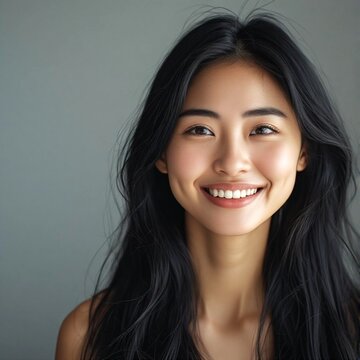 Close-up studio headshot of a happy Asian female model with dimples and fresh glowing skin