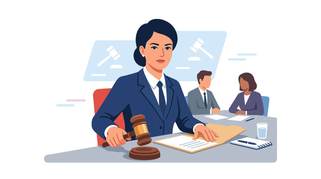 Female Judge Presiding Over Court Hearing with Gavel, Lawyers in Background