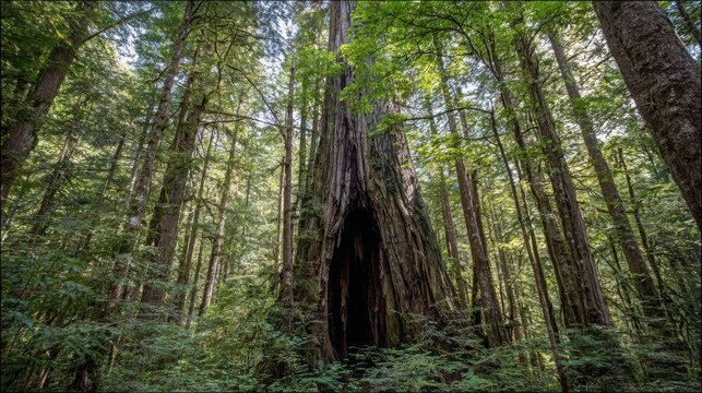 Massive tree trunk with a gaping hollow entrance in a sun-dappled old-growth forest