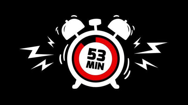 53 min clock icon animation on black background. Timer 53 minutes countdown with alarm clock animation. alarm Clock with 53 minute and circular arrows timer animation. 53 minute timer animation.