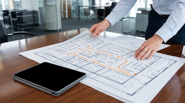 Professional architect hands reviewing building floor plan layout on large office desk with tablet computer nearby in bright modern workspace environment during corporate project development