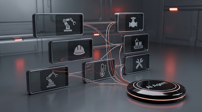 Digital representation of artificial intelligence agent connecting industrial machinery icons for smart factory automation and predictive maintenance management system for manufacturing