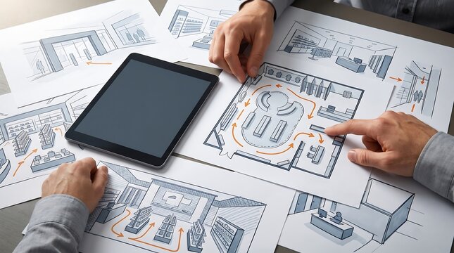 Architects analyzing retail store floor plan layout on office table with tablet computer and multiple sketches for commercial interior space design and shop workflow optimization