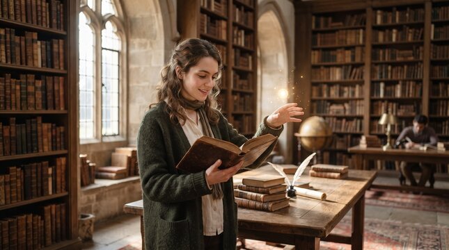 Young Woman Reading Book in Historic Library with Shelves of Literature