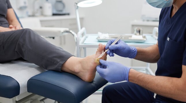 Professional Podiatrist Treating Patient Foot Callus with Scalpel in Clinic