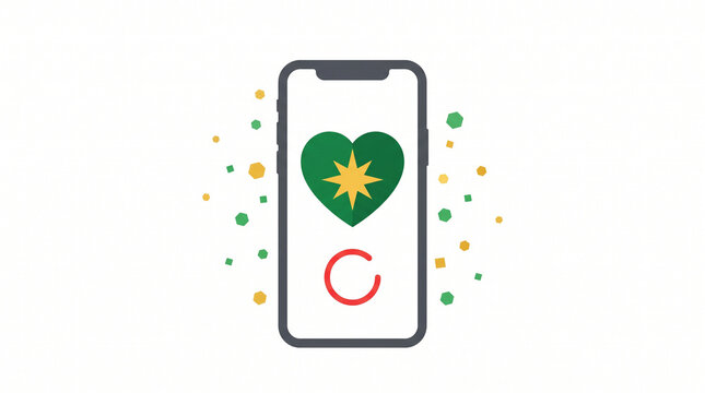 Smartphone vector illustration displaying green heart with golden star and loading spinner icon on white background&mdash;featuring mobile app buffering, digital charity, festive UI concept, and confetti do