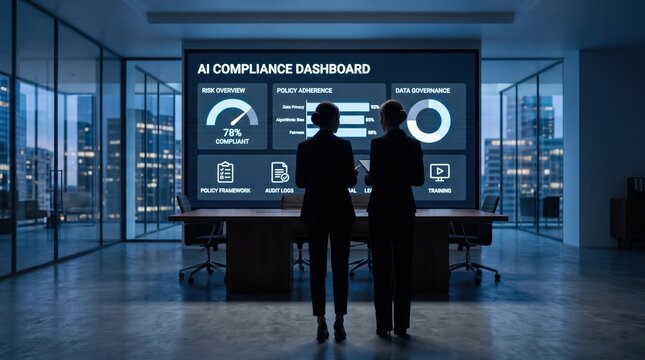 Business executives analyzing artificial intelligence compliance dashboard data visualization, corporate governance strategy, regulatory adherence metrics, cybersecurity risk