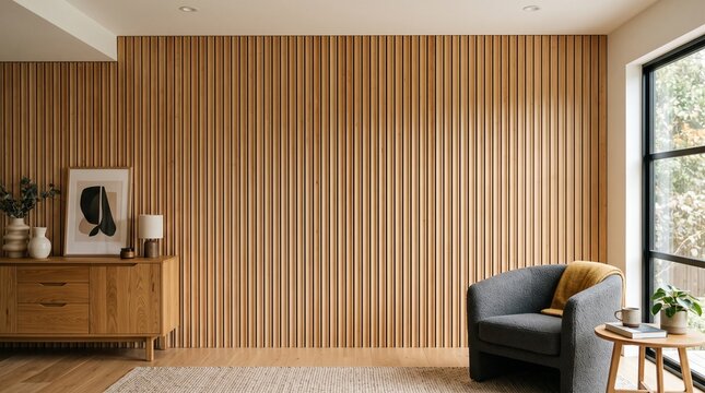 Modern living room with slatted wood accent wall and comfortable armchair