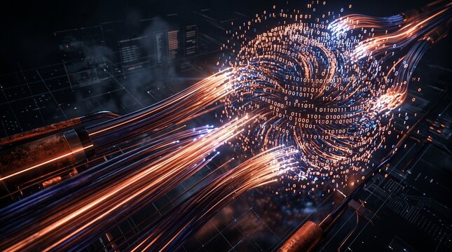 Digital Data Flow Through Fiber Optic Cables with Binary Code